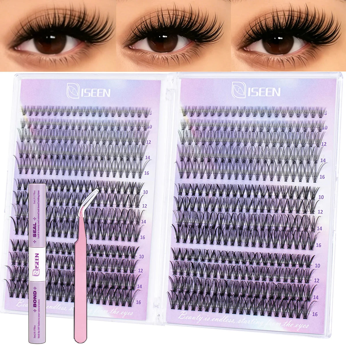 Lash Extension Kit D Curl Cluster Lashes 9-16mm Natural And Voluminous Styles with Bond&Seal Tweezers Reusable Beginner-Friendly