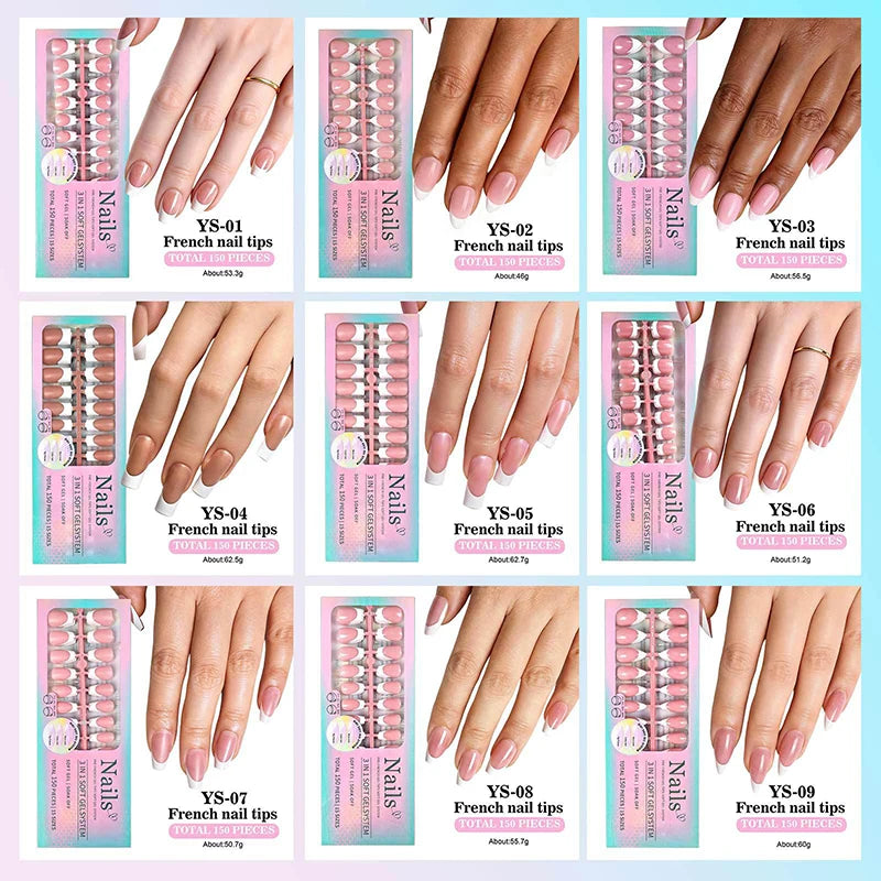 150pcs Boxed French Gel Tips Press On Nails Almond Nails 15 Sizes Pre-applied Fake Nails For Manicure Extension