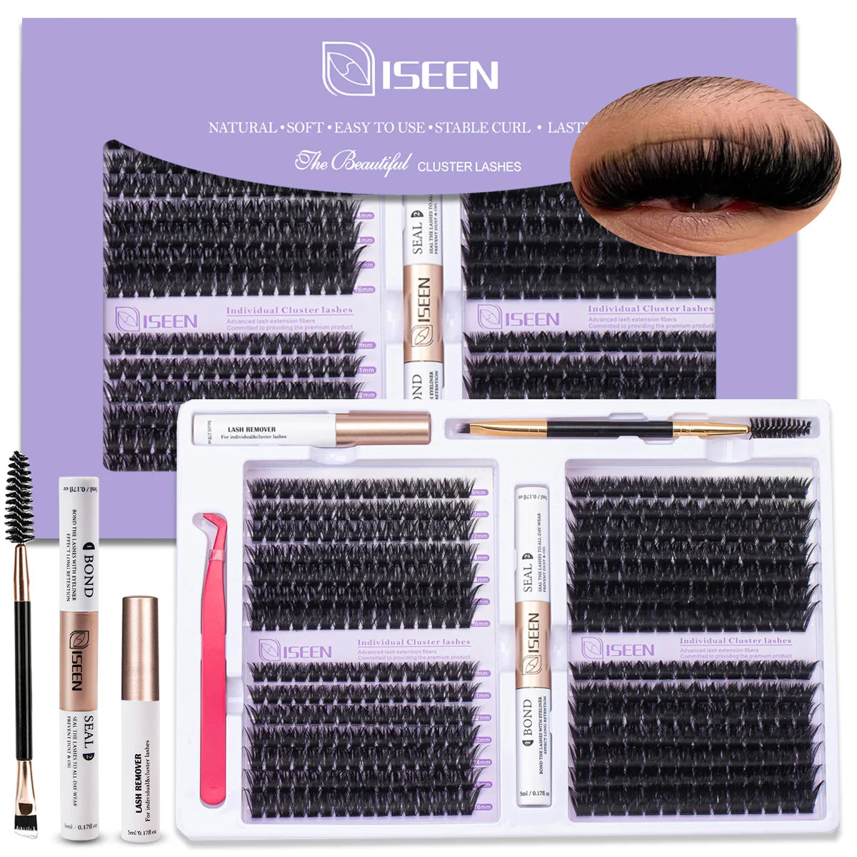 Lash Extension Kit D Curl Cluster Lashes 9-16mm Natural And Voluminous Styles with Bond&Seal Tweezers Reusable Beginner-Friendly