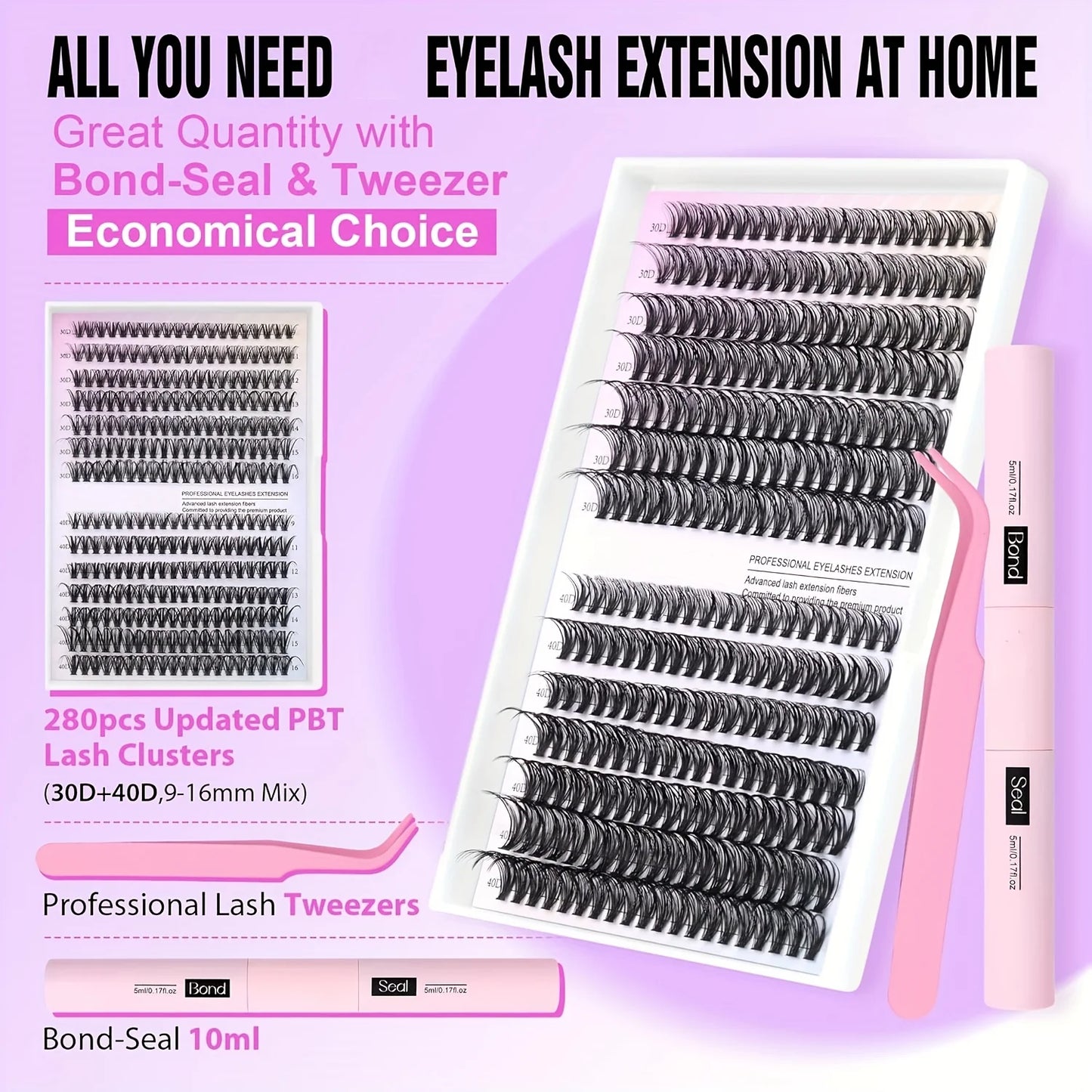 Natural Look False Eyelashes Kit, 280pcs lashes clusters kit, 9-16mm 30D&40D Individual Lashes with Bond Seal Tweezers forMakeup